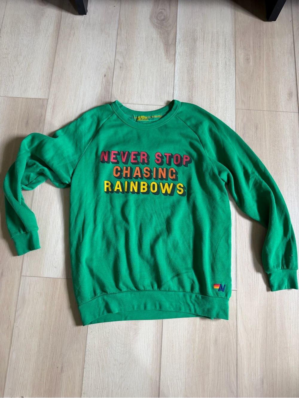 Aviator Nation Green Crewneck with Multicolor Lettering